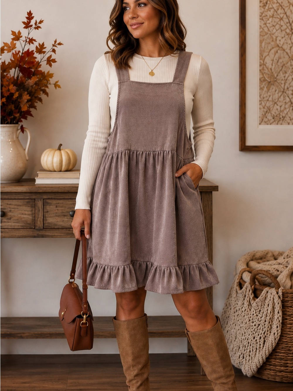 Listicle Taupe Ruffle Pinafore Midi Dress
